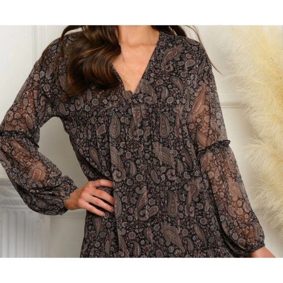 Bohemian black paisley print long sleeve tiered chiffon v-neck mini ruffle dress - Picture 2 of 8
